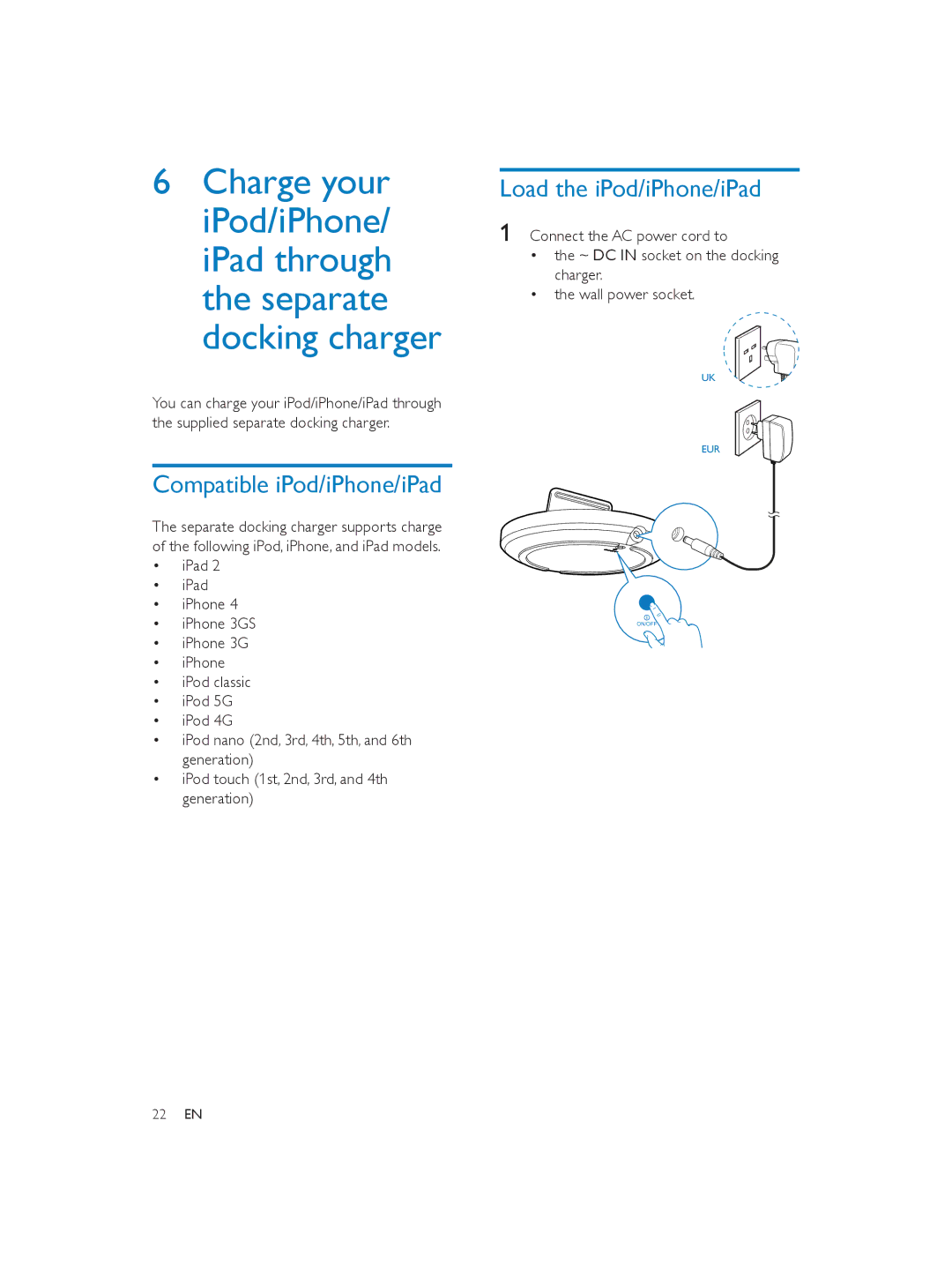 Philips DS9800W user manual Compatible iPod/iPhone/iPad, Load the iPod/iPhone/iPad 