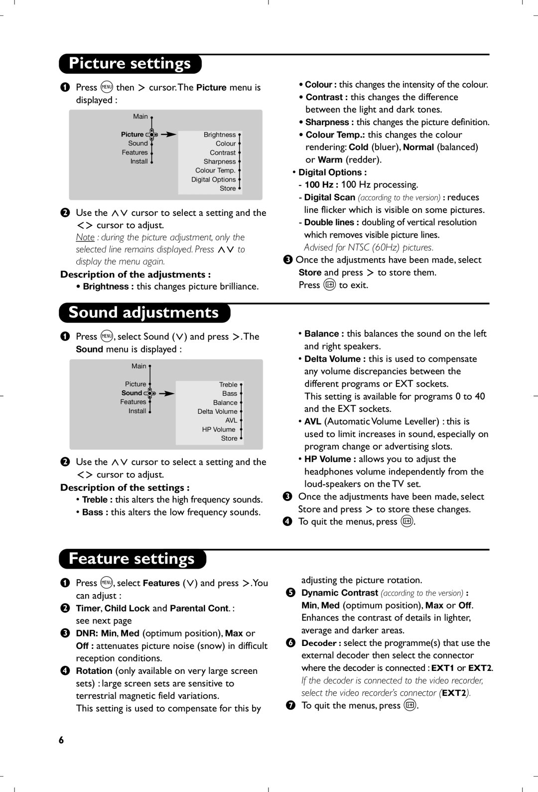 Philips DSI250, DSI280, DSI260 manual Picture settings, Sound adjustments, Feature settings, Description of the adjustments 