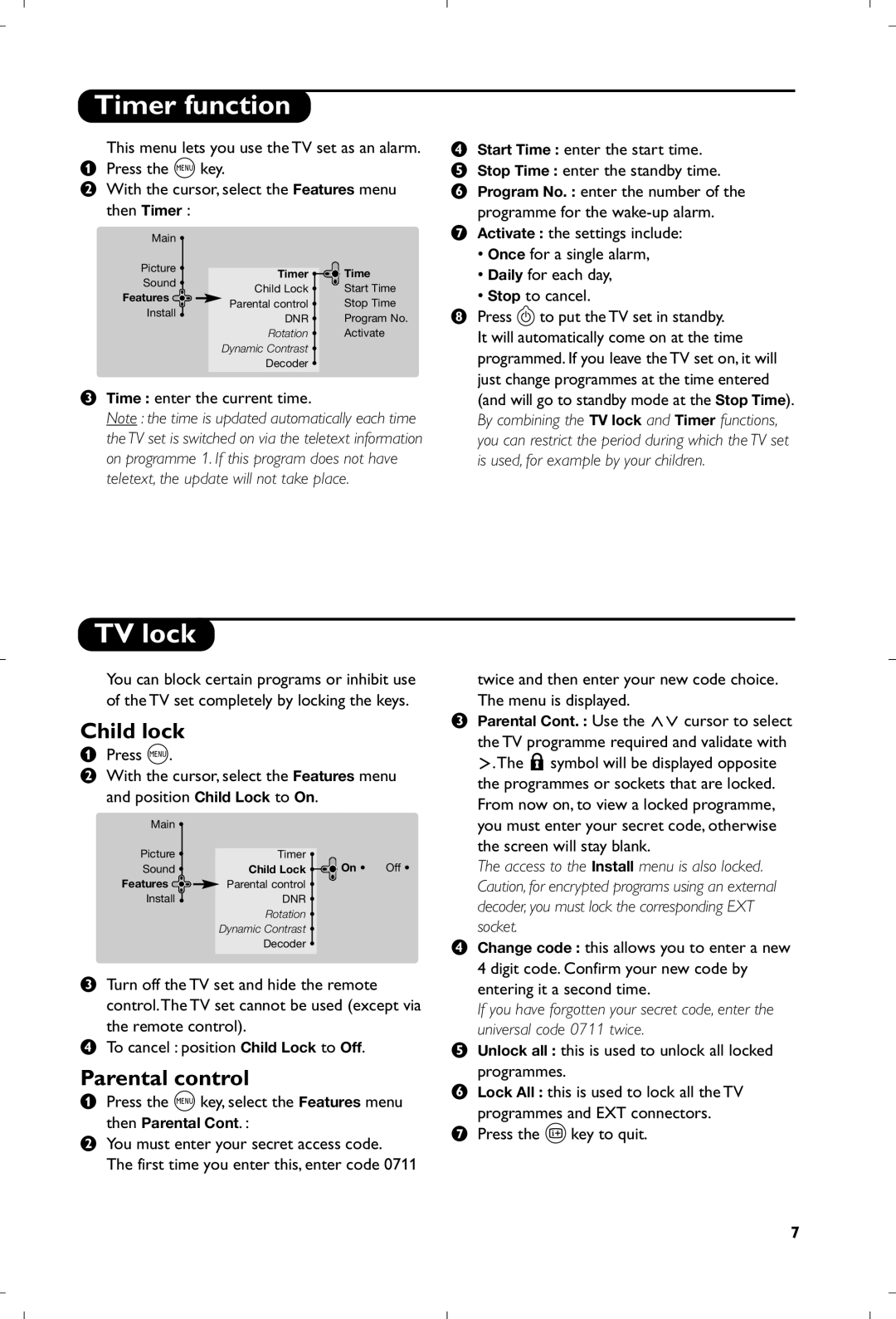 Philips DSI280, DSI260, DSI250 manual Timer function, TV lock, Child lock, Parental control 