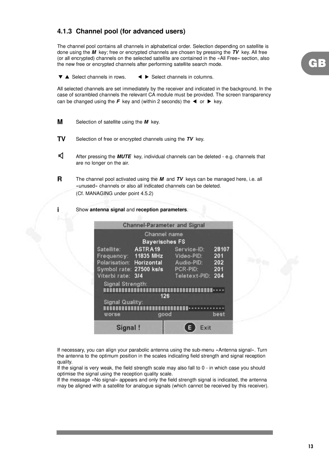 Philips DSR2000/00M manual Channel pool for advanced users, Show antenna signal and reception parameters 