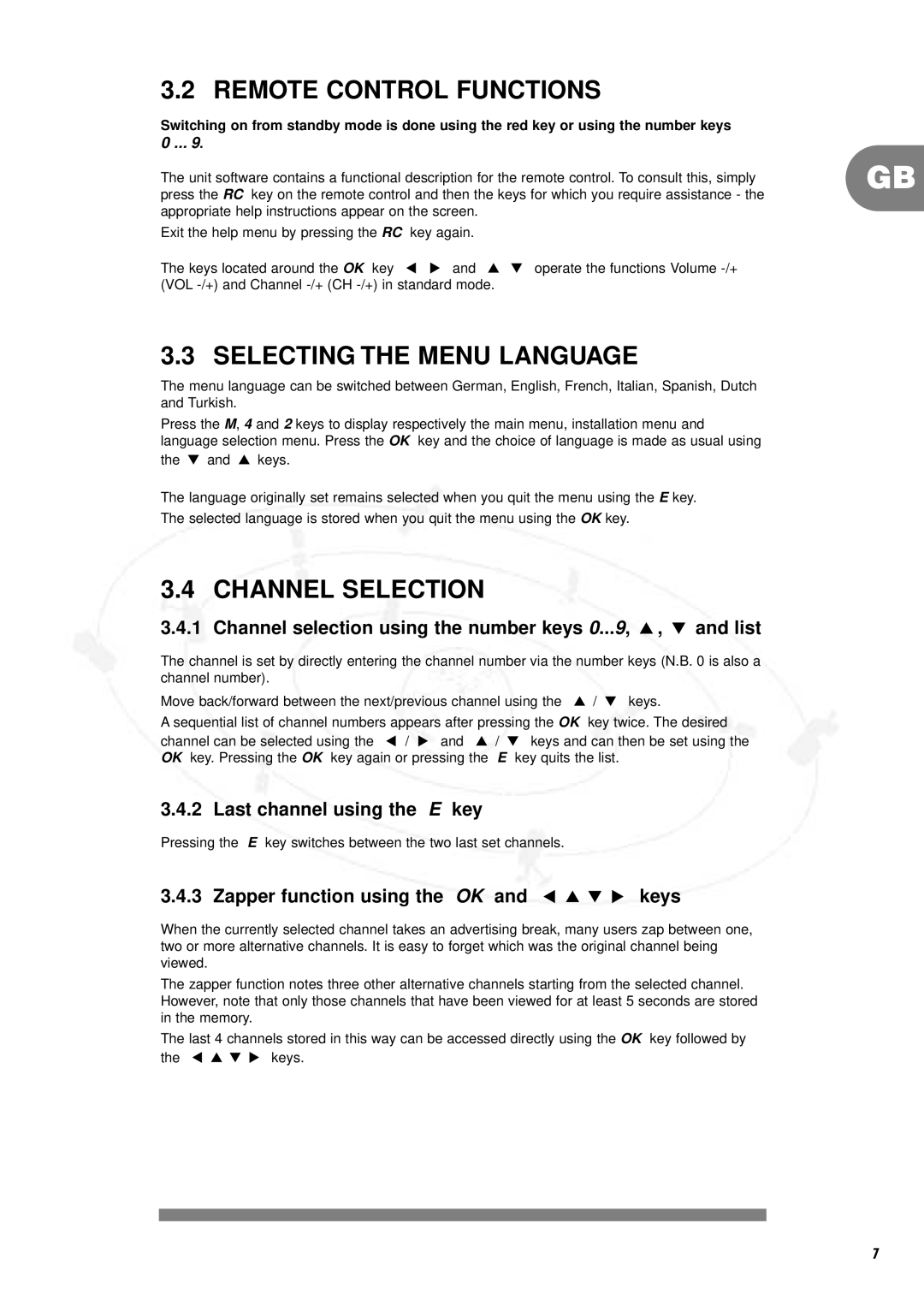 Philips DSR2000/00M Remote Control Functions, Selecting the Menu Language, Channel Selection, Last channel using the E key 