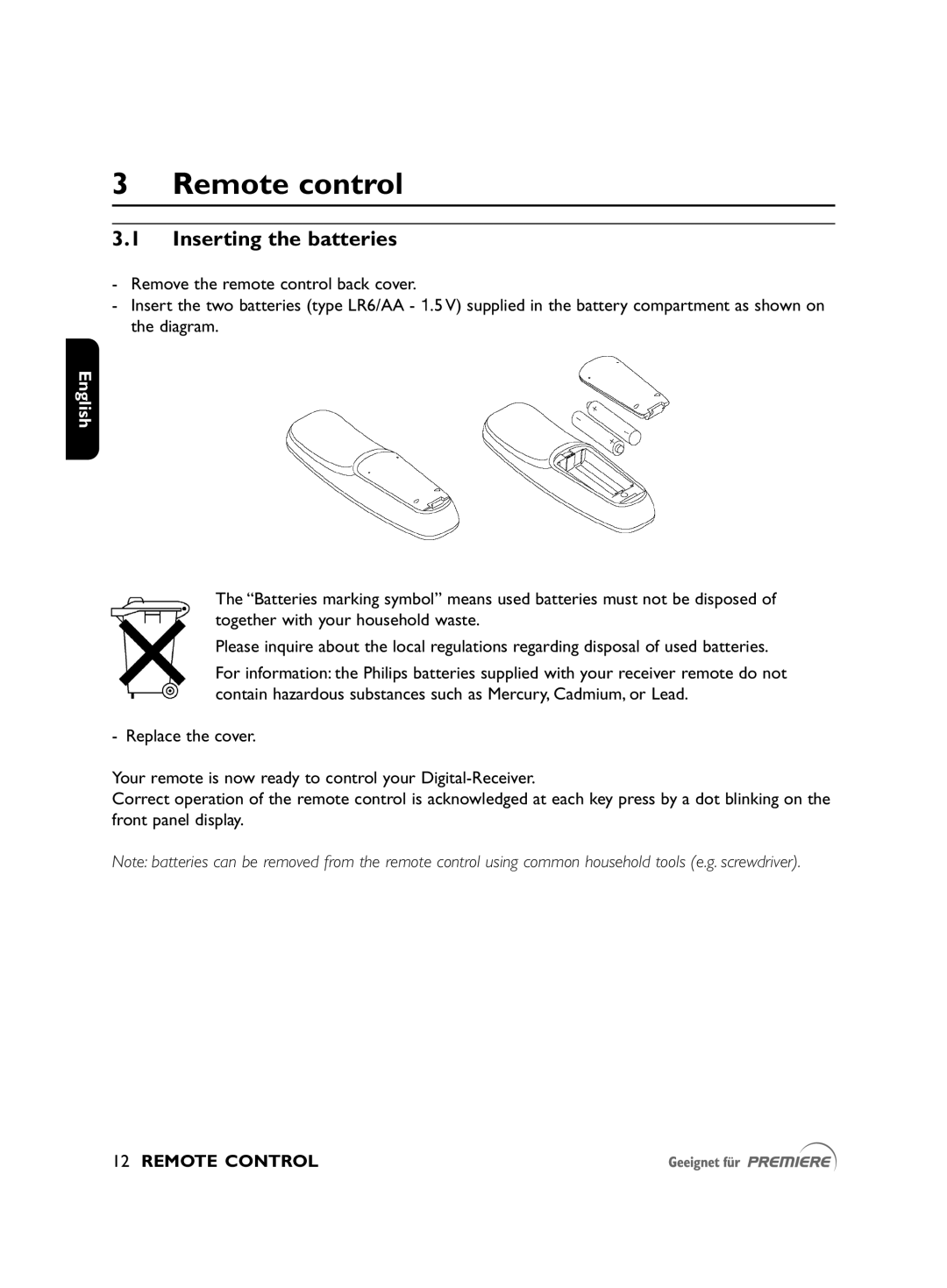 Philips DSR2010 manual Remote control, Inserting the batteries, Remote Control 