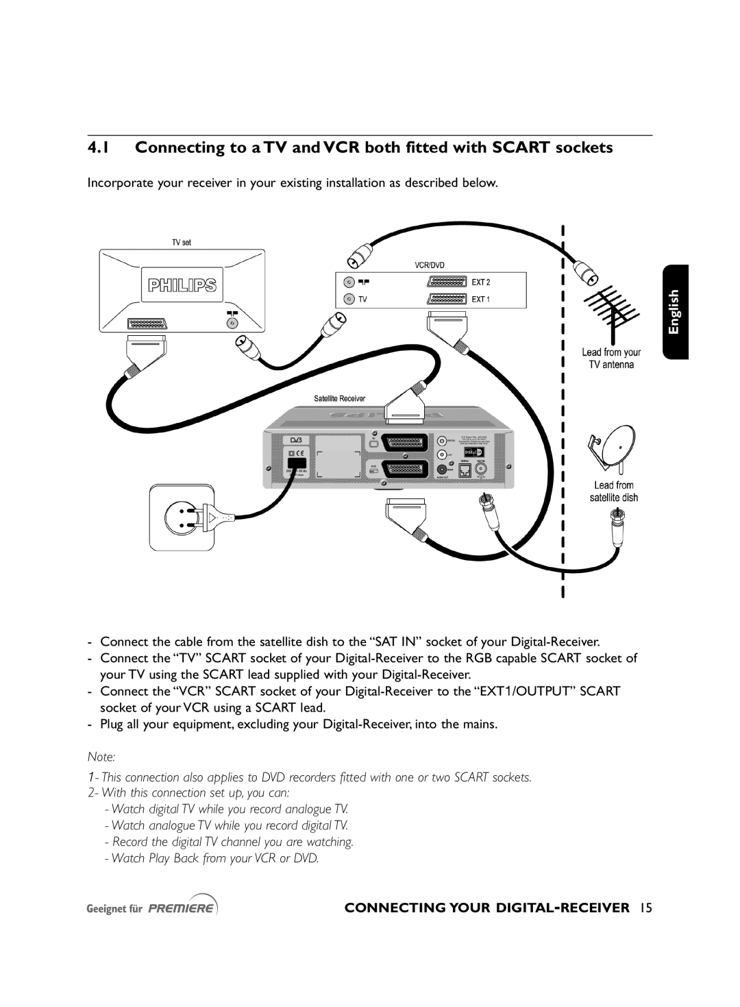 Philips DSR2010 manual Connecting to a TV and VCR both fitted with Scart sockets 