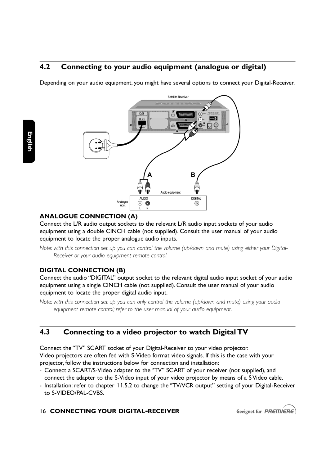 Philips DSR2010 manual Connecting to your audio equipment analogue or digital, Analogue Connection a Digital Connection B 