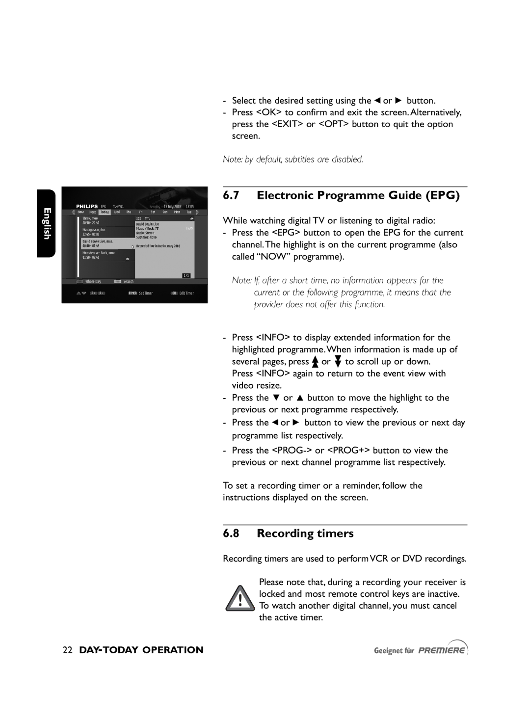 Philips DSR2010 manual Electronic Programme Guide EPG, Recording timers 