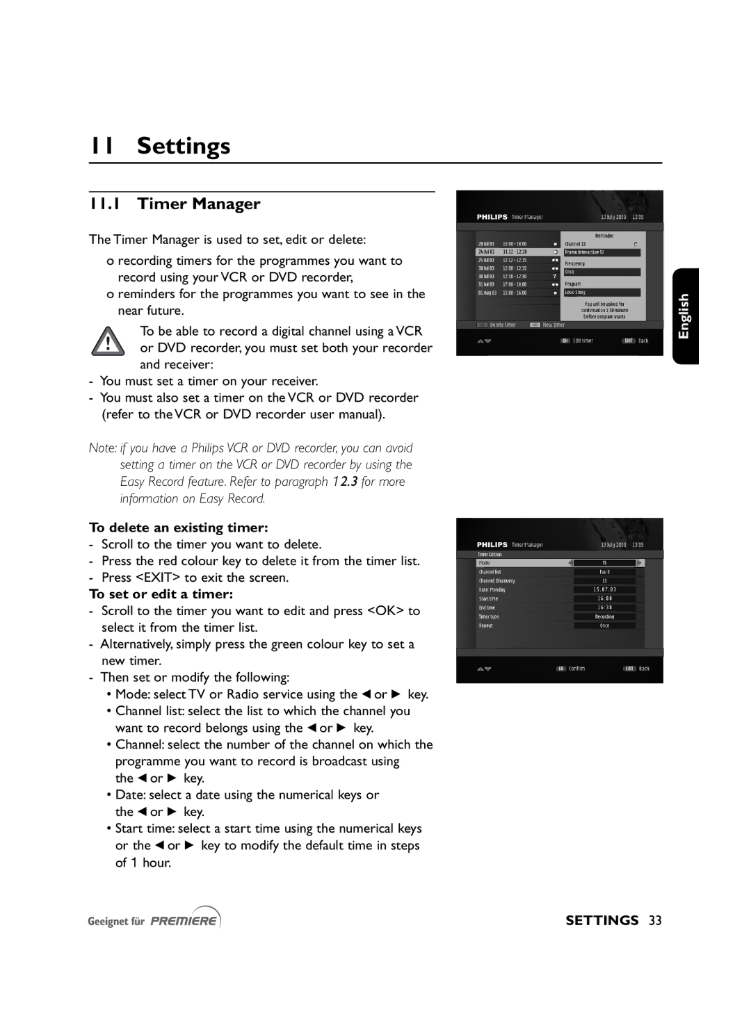 Philips DSR2010 manual Settings, Timer Manager, To delete an existing timer, To set or edit a timer 