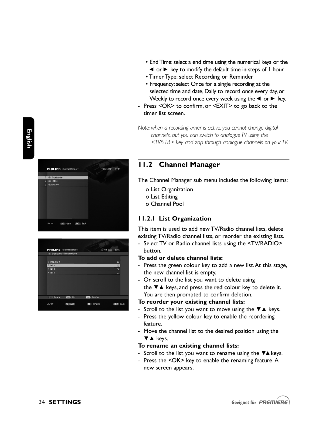 Philips DSR2010 Channel Manager, List Organization, To add or delete channel lists, To reorder your existing channel lists 