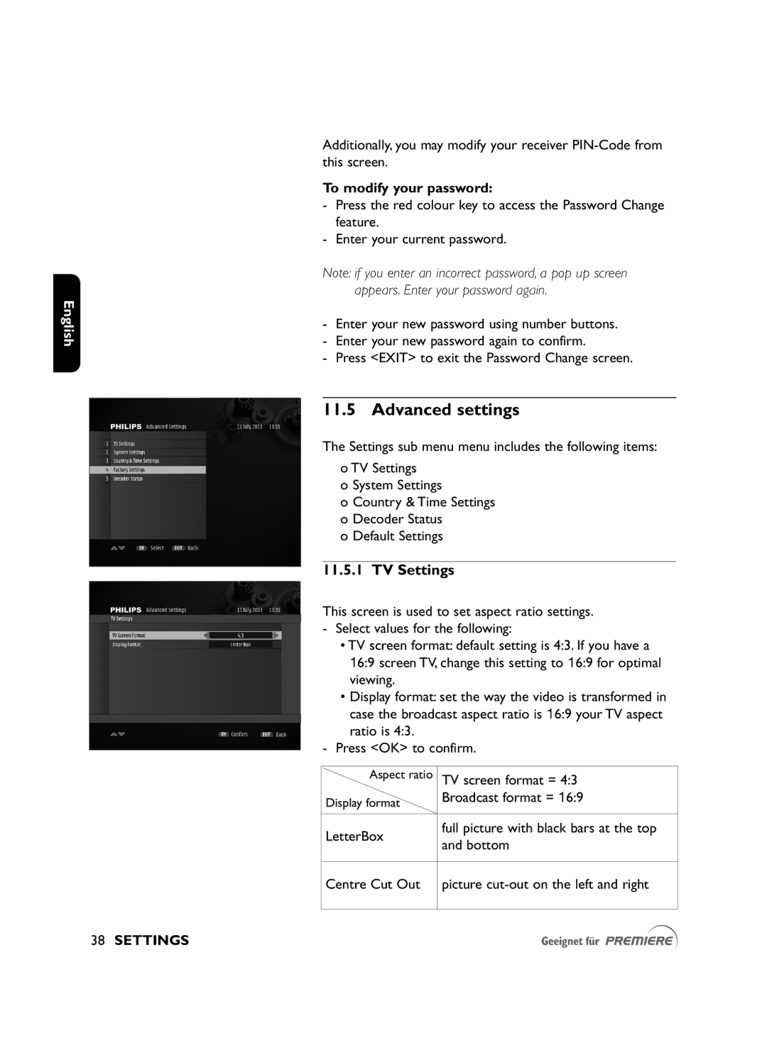 Philips DSR2010 manual Advanced settings, TV Settings, To modify your password 