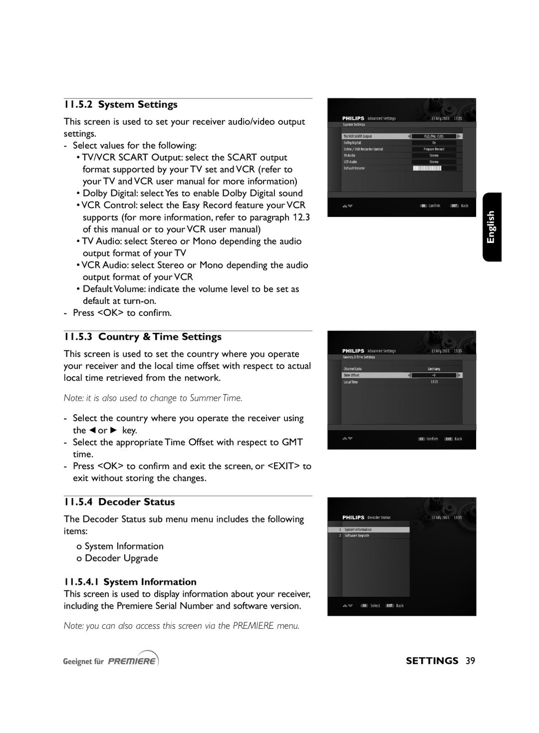 Philips DSR2010 manual System Settings, Country & Time Settings, Decoder Status, System Information 