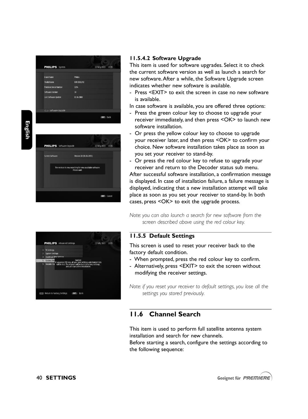 Philips DSR2010 manual Channel Search, Default Settings, Software Upgrade 