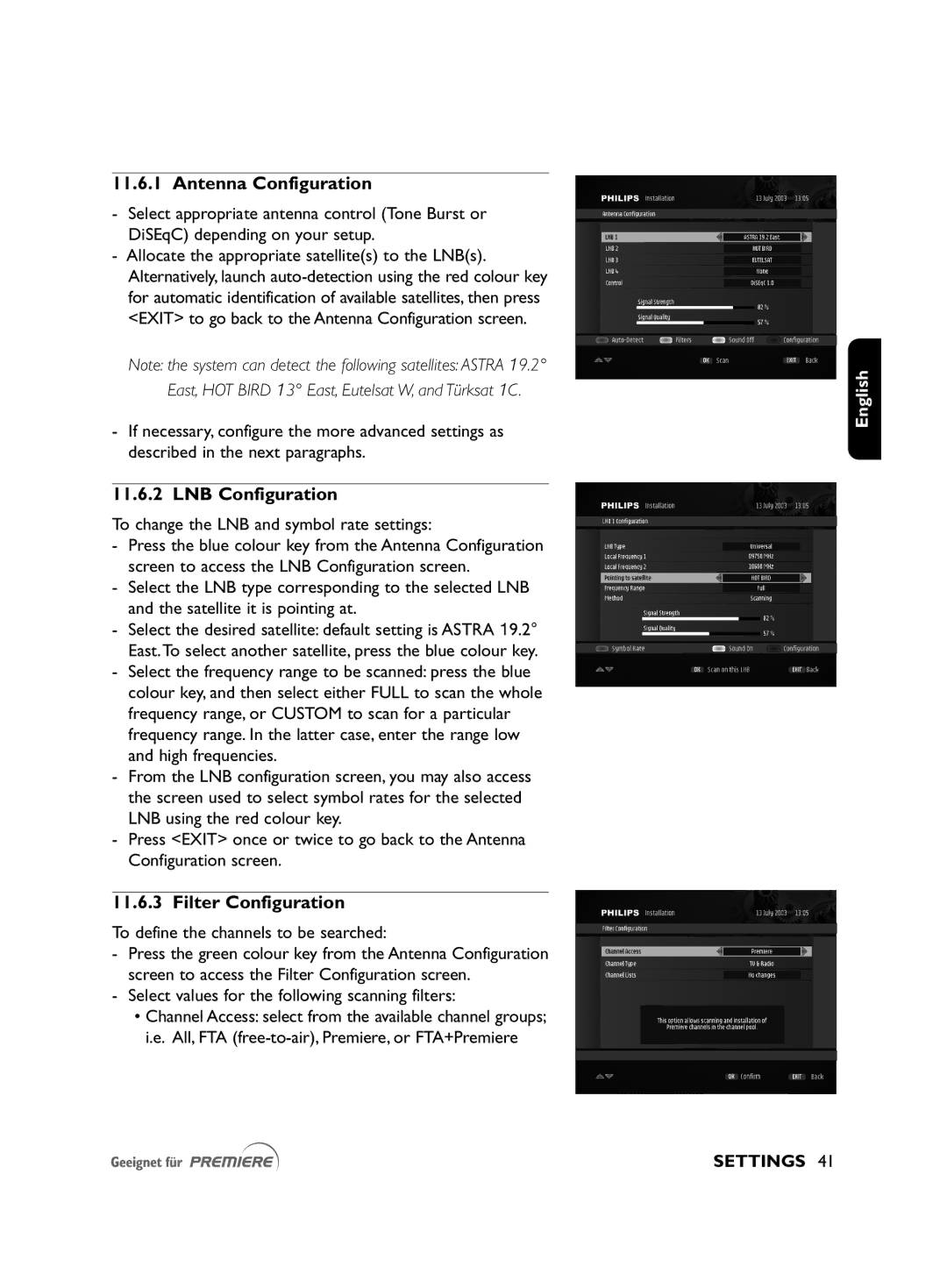 Philips DSR2010 manual Antenna Configuration, LNB Configuration, Filter Configuration 