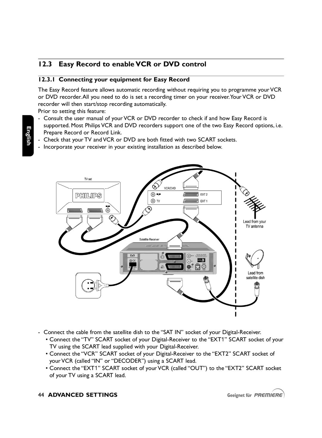 Philips DSR2010 manual Easy Record to enable VCR or DVD control, Connecting your equipment for Easy Record 