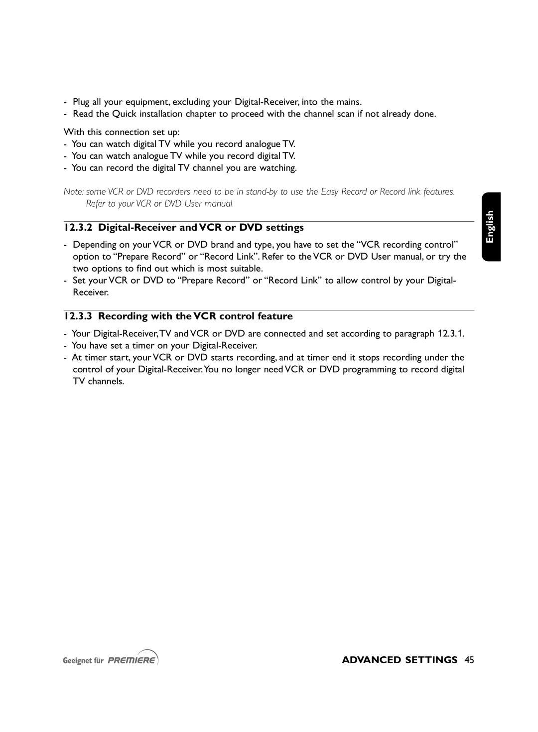 Philips DSR2010 manual Digital-Receiver and VCR or DVD settings, Recording with the VCR control feature 