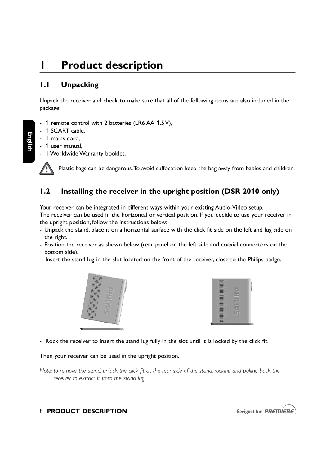 Philips DSR2010 manual Product description, Unpacking, Product Description 