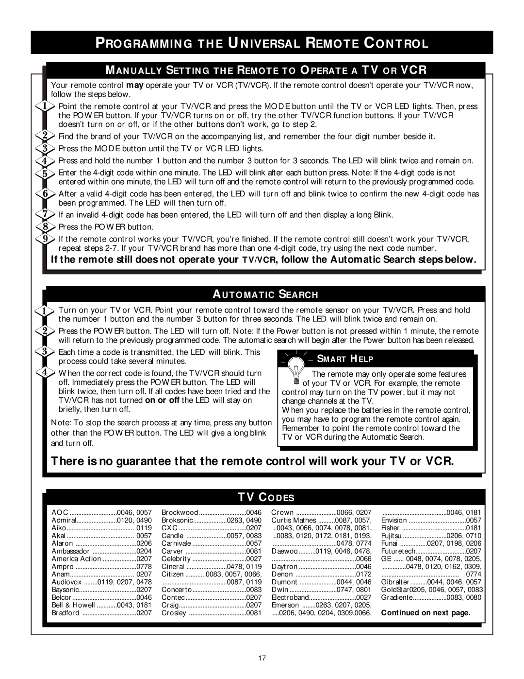 Philips DSX 5350 TV Codes, Programming the Universal Remote Control, Manually Setting the Remote to Operate a TV or VCR 