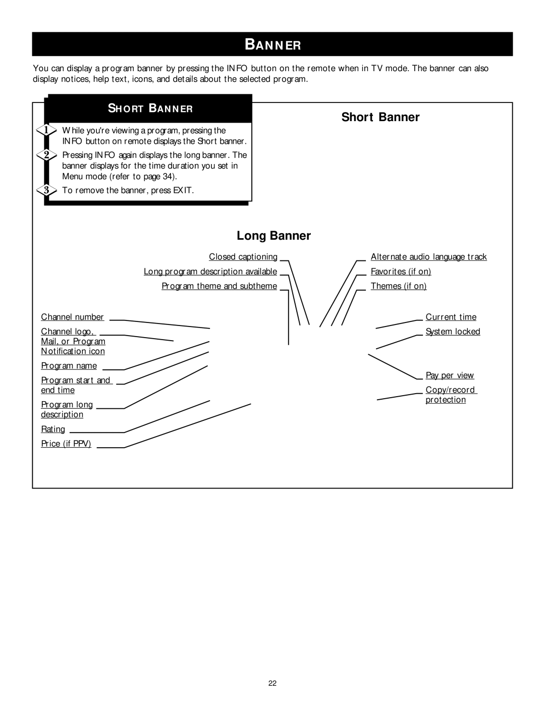 Philips DSX 5350 user manual Short Banner, To remove the banner, press Exit, Program long description 