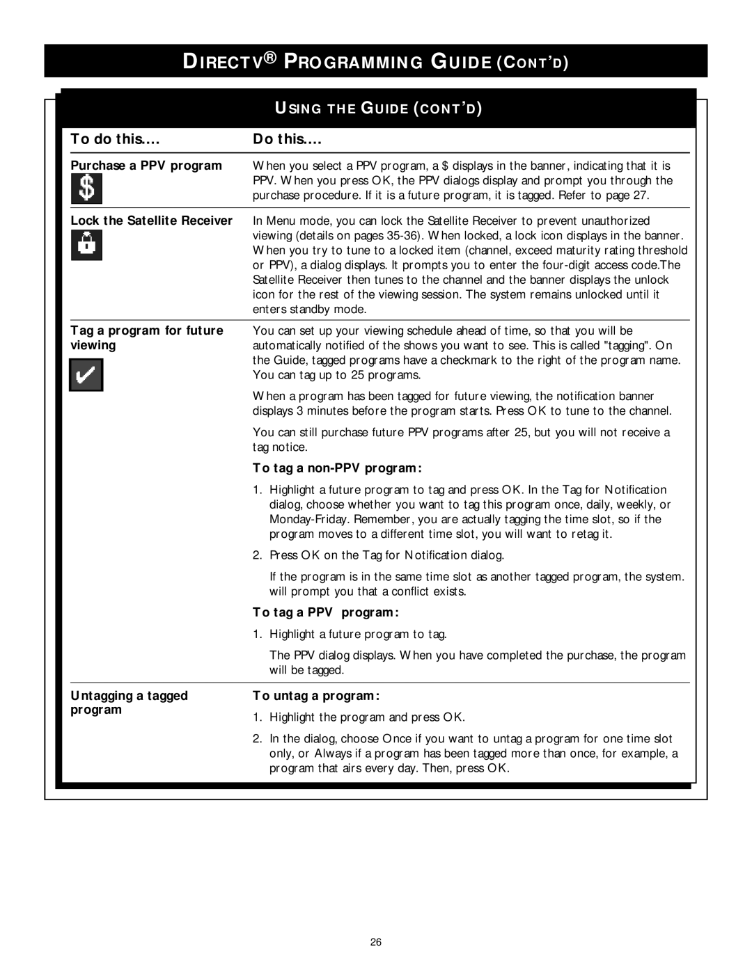 Philips DSX 5350 Using the Guide CONT’D, Tag a program for future viewing, To tag a non-PPV program, To tag a PPV program 