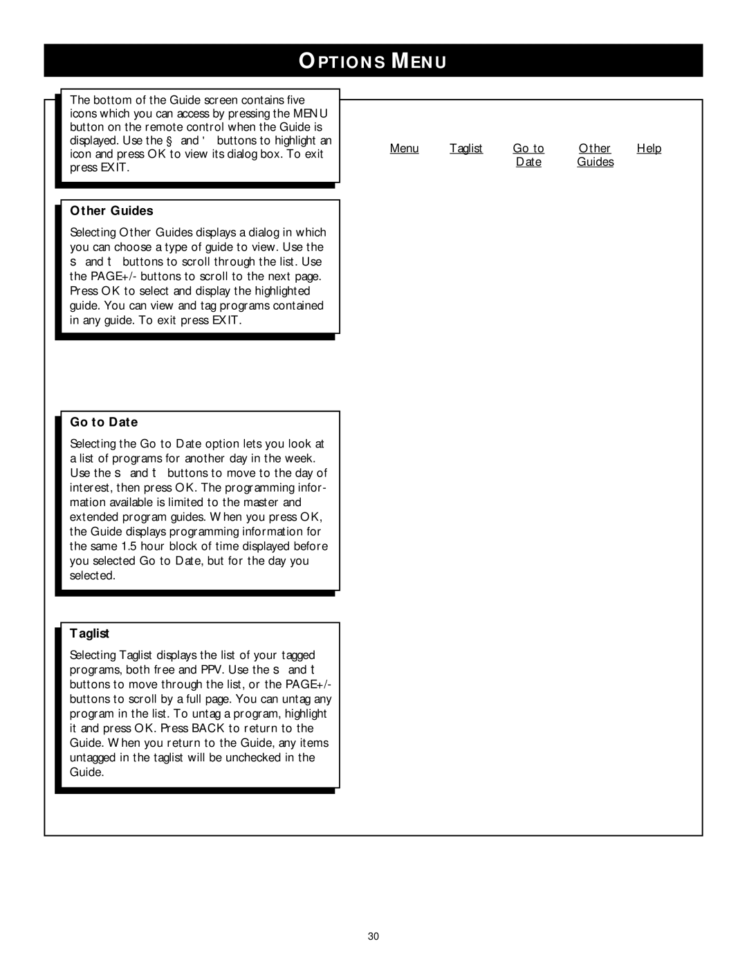 Philips DSX 5350 user manual Options Menu, Other Guides, Go to Date, Taglist 