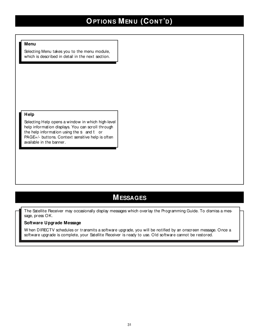 Philips DSX 5350 user manual Options Menu CONT’D, Messages, Help, Software Upgrade Message 