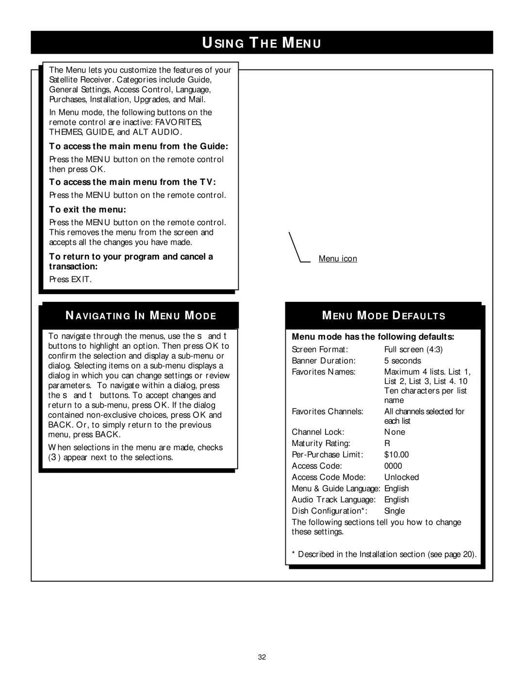 Philips DSX 5350 user manual Using the Menu, Navigating in Menu Mode, Menu Mode Defaults 