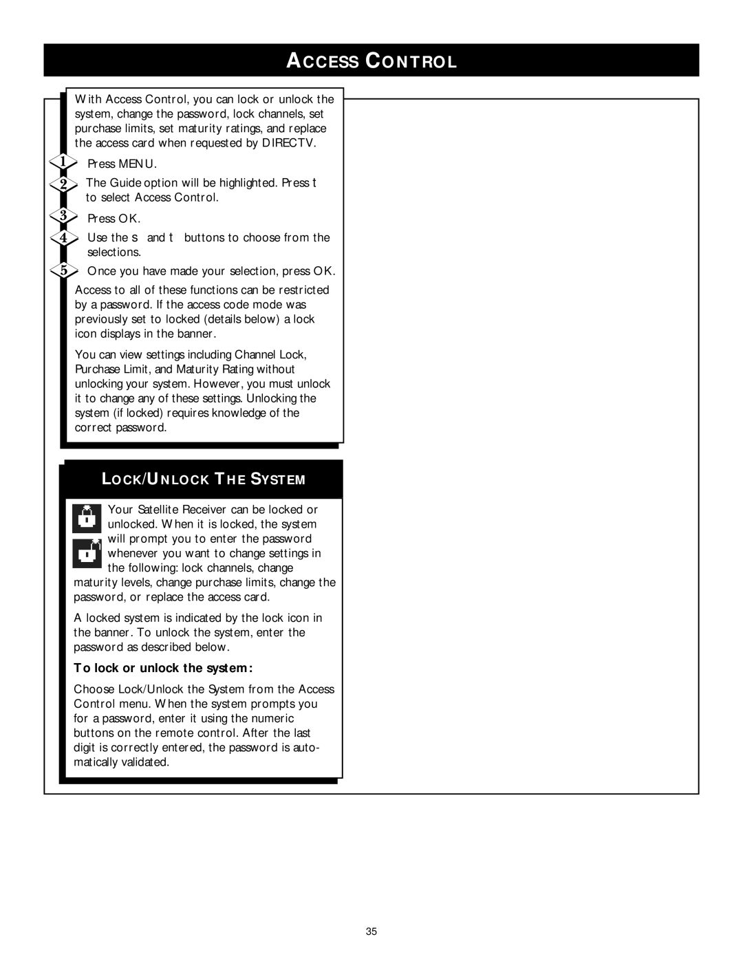 Philips DSX 5350 user manual Access Control, LOCK/UNLOCK the System, To lock or unlock the system 