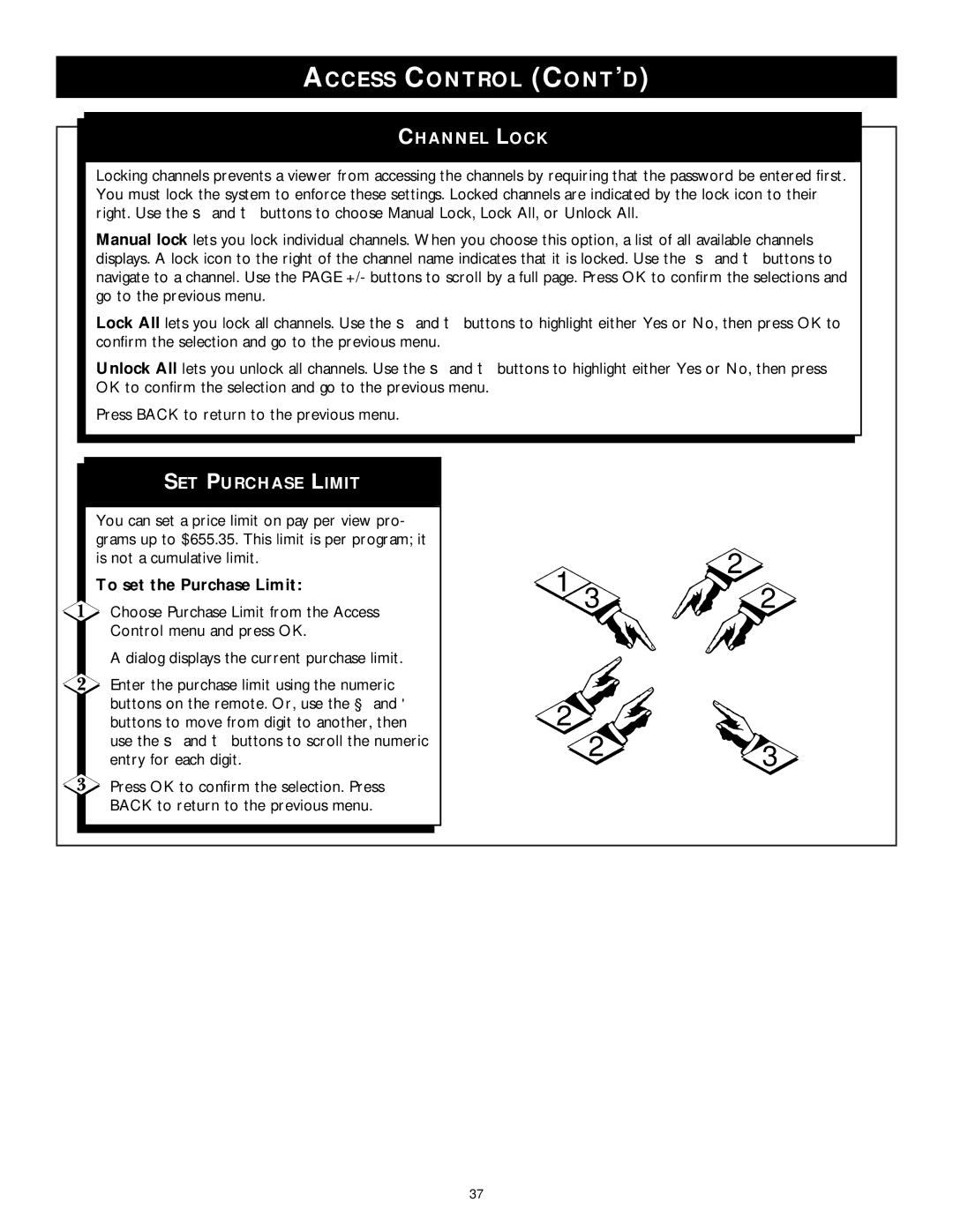 Philips DSX 5350 user manual Channel Lock, SET Purchase Limit, To set the Purchase Limit 