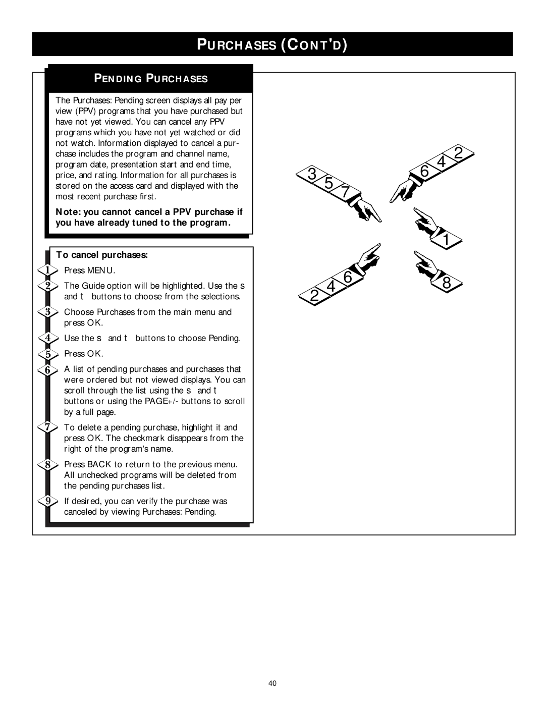 Philips DSX 5350 user manual Purchases Contd, Pending Purchases, To cancel purchases 