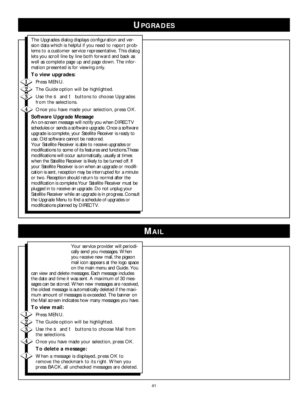 Philips DSX 5350 user manual Upgrades, Mail, To view upgrades, To view mail, To delete a message 