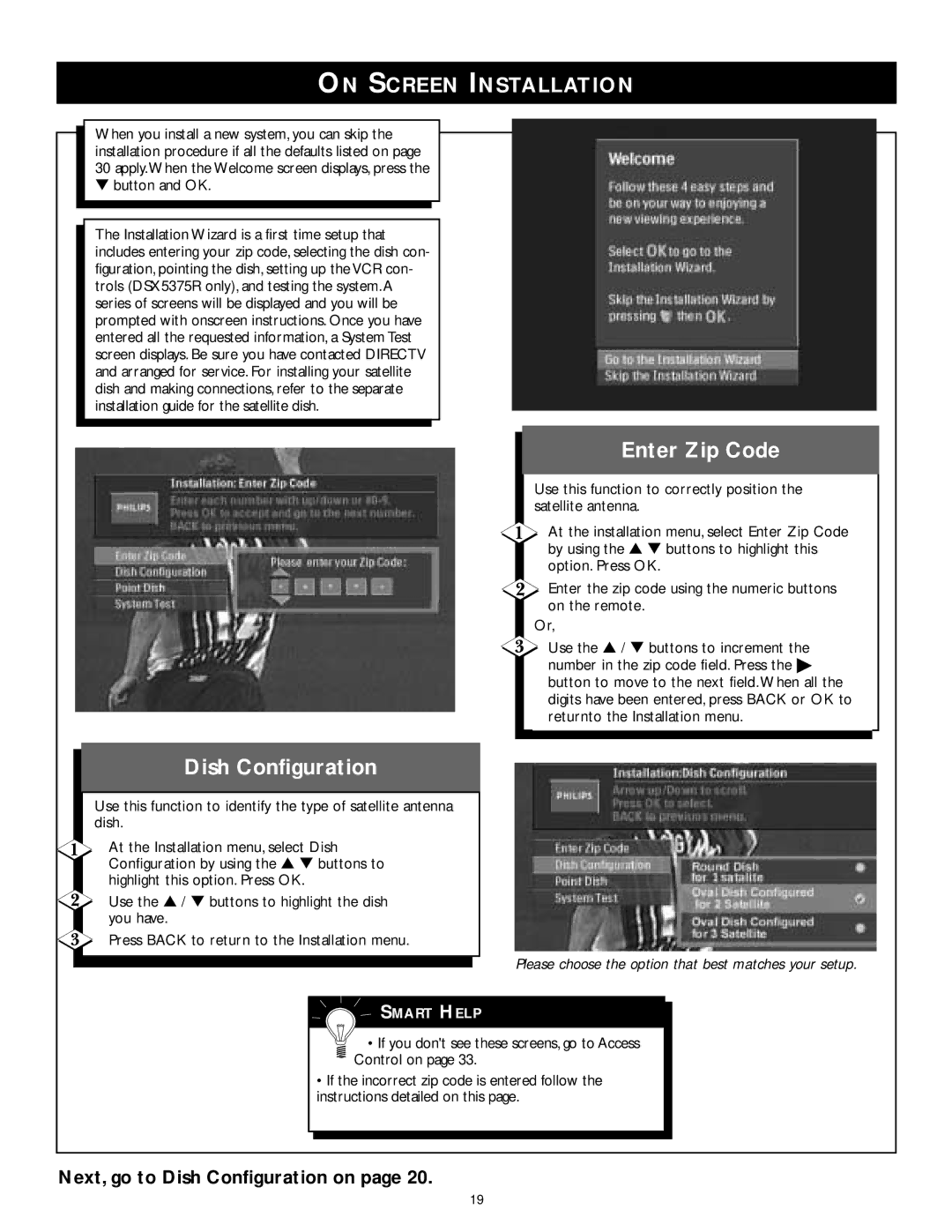 Philips DSX 5375, DSX 5353, DSX 5150 user manual Enter Zip Code, Dish Configuration, On Screen Installation, Button and OK 