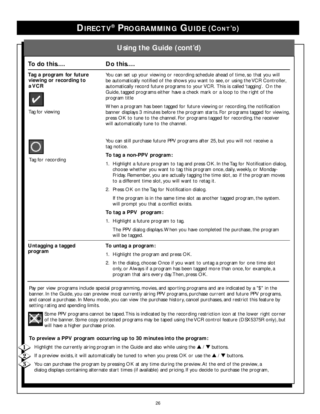 Philips DSX 5150 Using the Guide cont’d, Tag a program for future viewing or recording to a VCR, To tag a non-PPV program 