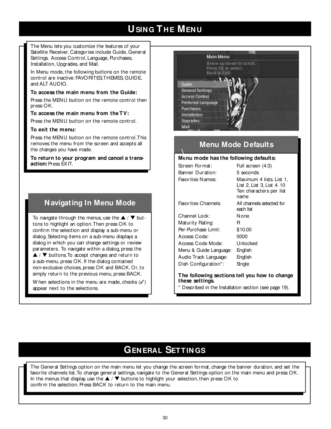 Philips DSX 5353, DSX 5375, DSX 5150 Navigating In Menu Mode, Menu Mode Defaults, Using the Menu, General Settings 