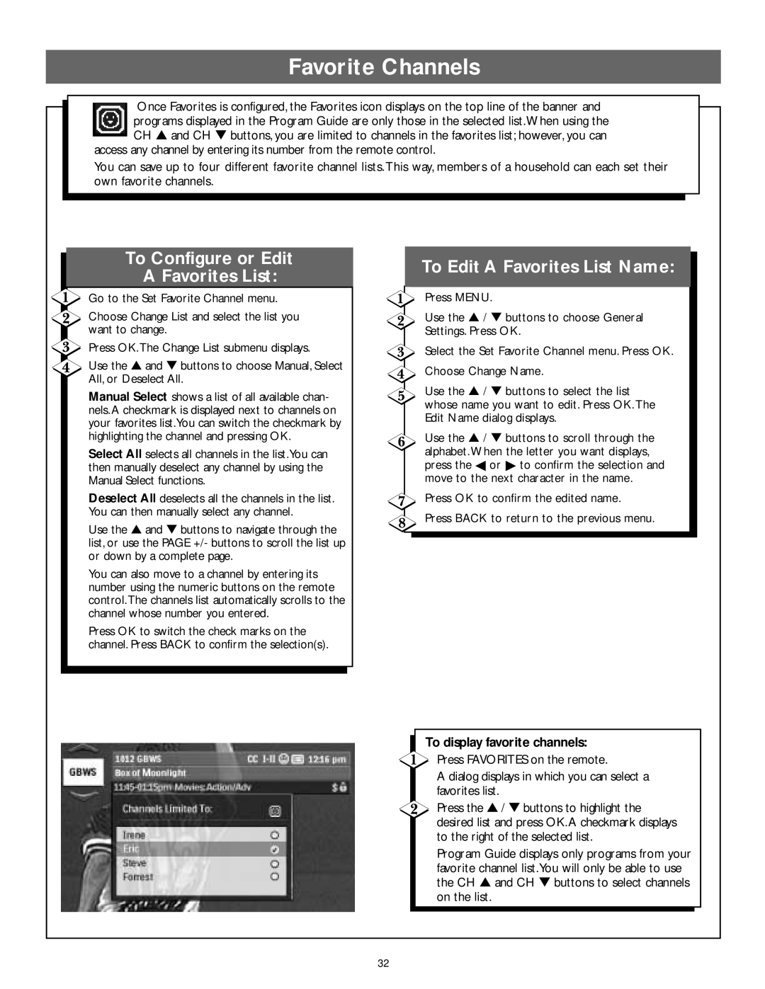 Philips DSX 5150 To Configure or Edit Favorites List, To Edit a Favorites List Name, To display favorite channels 