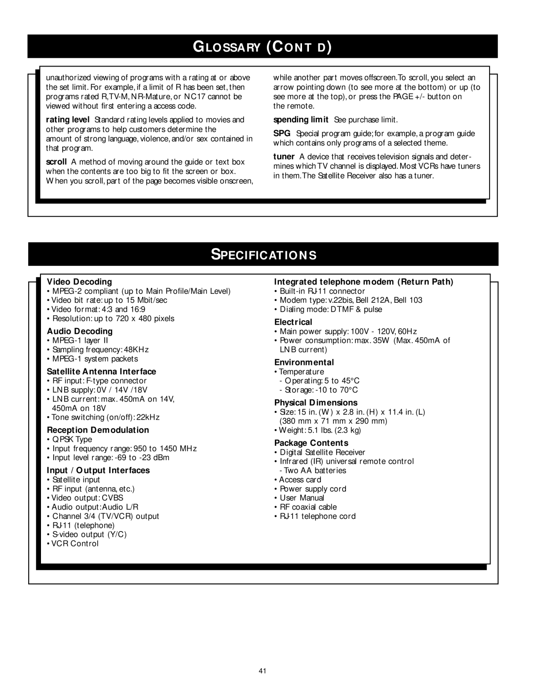 Philips DSX 5150, DSX 5353, DSX 5375 user manual Glossary CONT’D, Specifications 