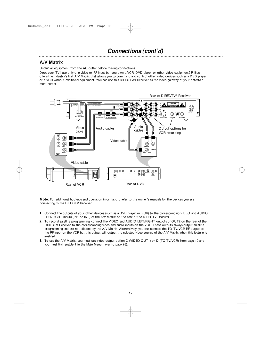 Philips DSX 5540, DSX 5500 Matrix, Video Audio cables Output options for Cable, VCR recording, Video cable, Rear of VCR 