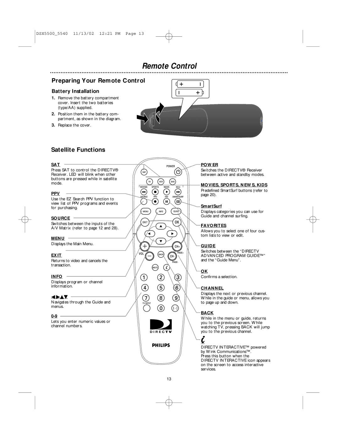 Philips DSX 5500, DSX 5540 Preparing Your Remote Control, Satellite Functions, Battery Installation, SmartSurf 