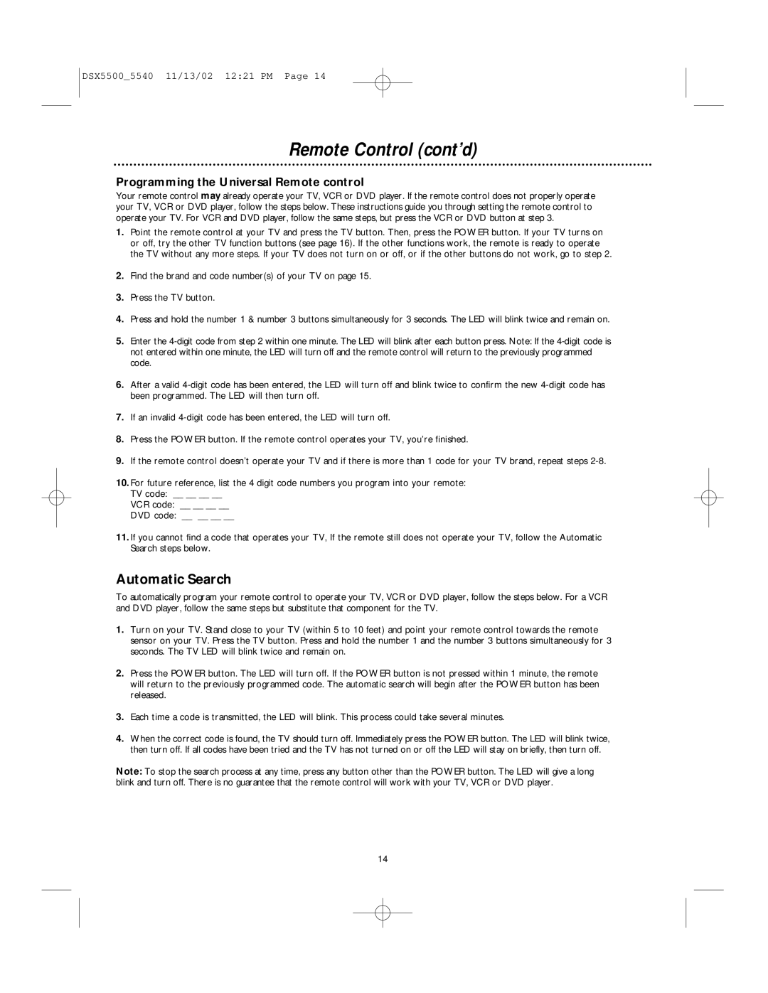 Philips DSX 5540, DSX 5500 user manual Remote Control cont’d, Automatic Search, Programming the Universal Remote control 