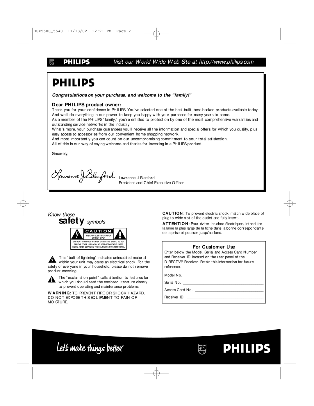 Philips DSX 5540, DSX 5500 user manual Dear Philips product owner, For Customer Use 