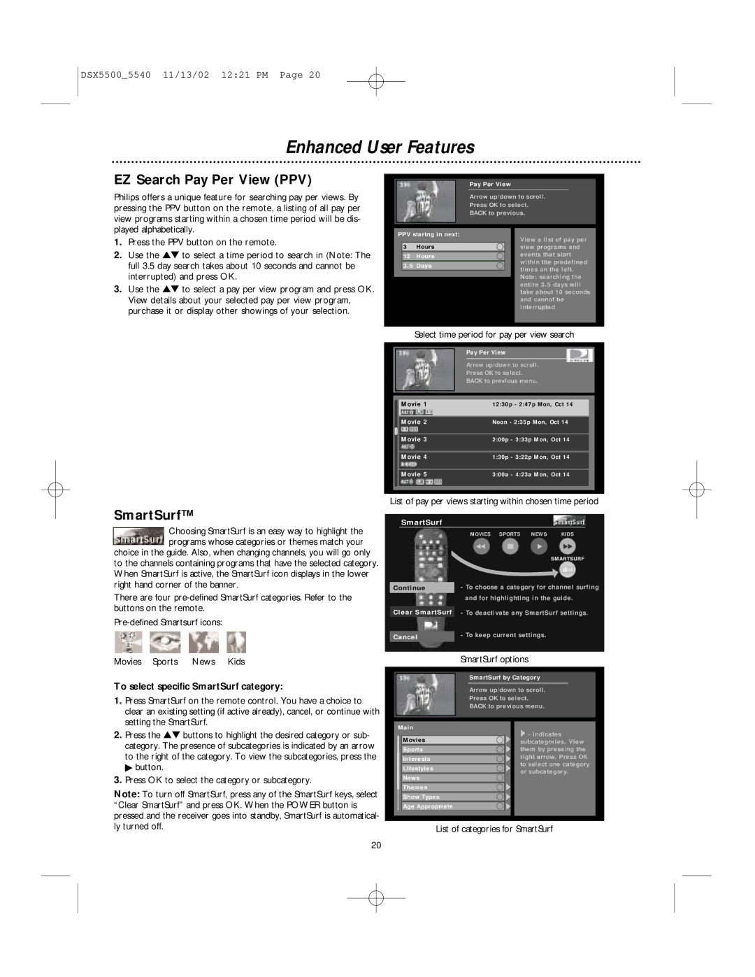 Philips DSX 5540, DSX 5500 Enhanced User Features, EZ Search Pay Per View PPV, To select specific SmartSurf category 