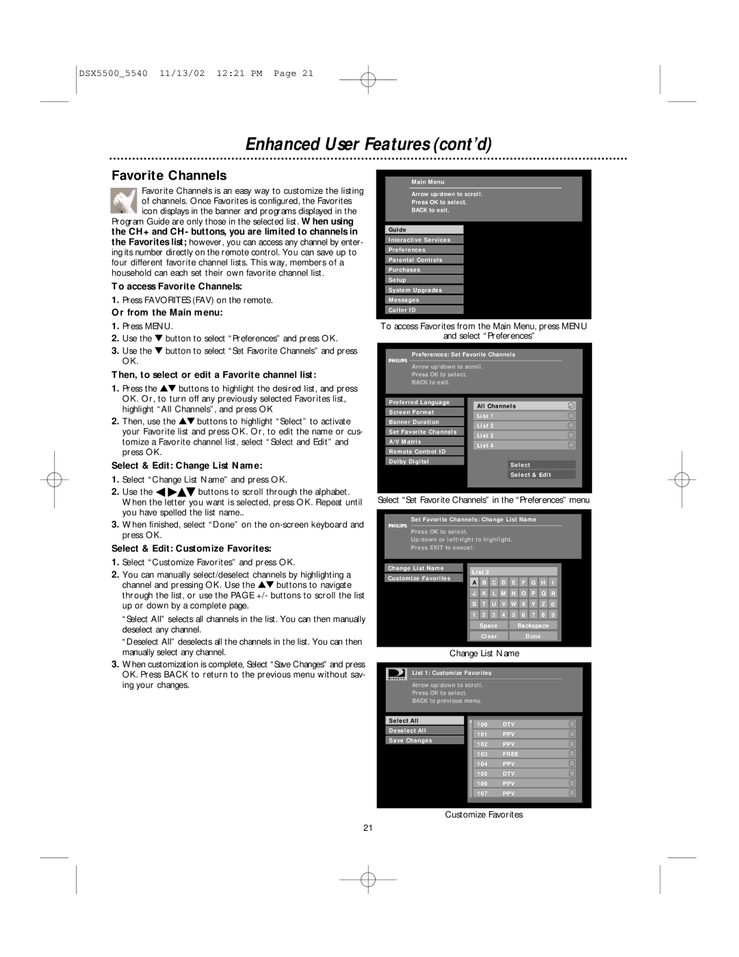 Philips DSX 5500, DSX 5540 user manual Enhanced User Features cont’d, Favorite Channels 