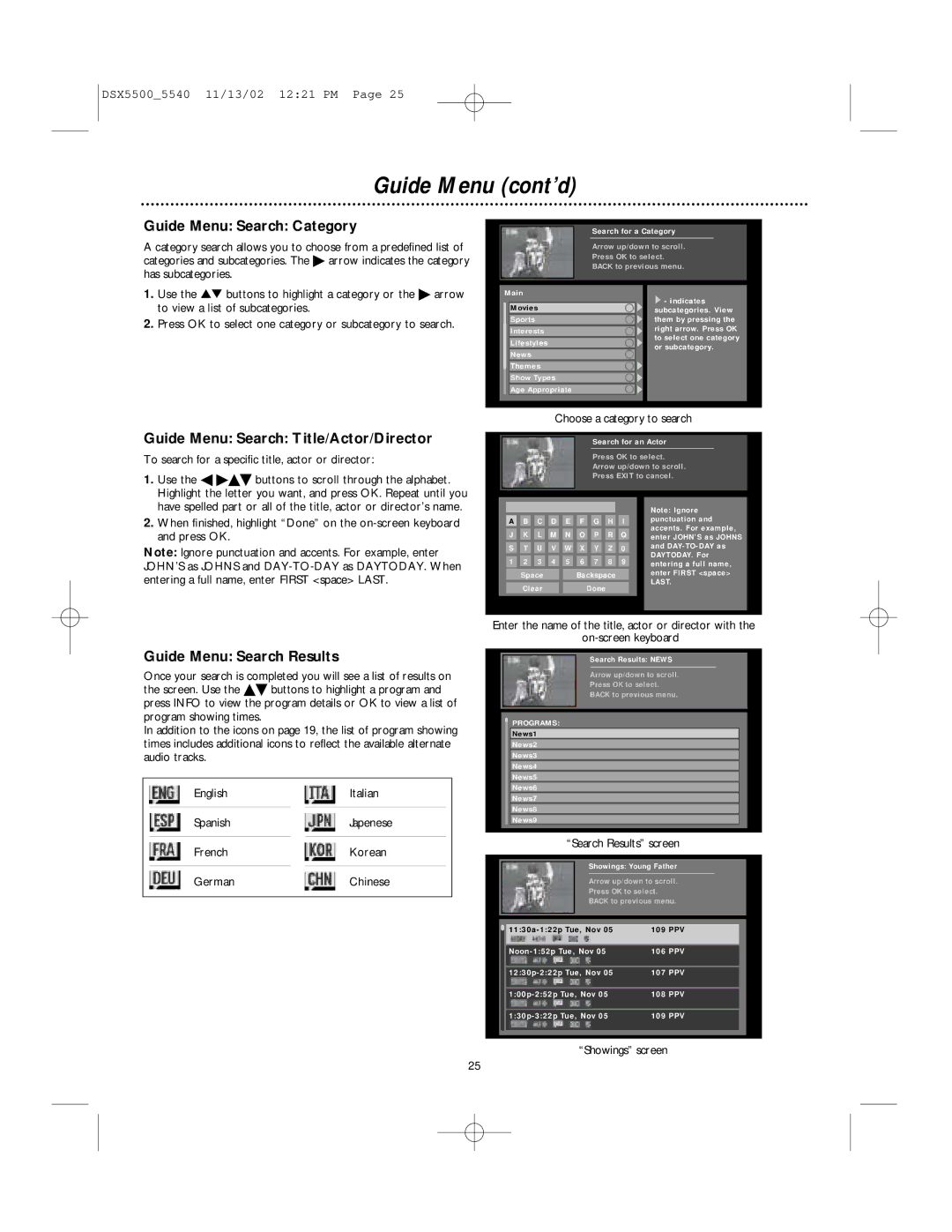 Philips DSX 5500, DSX 5540 user manual Guide Menu cont’d, Guide Menu Search Category, Guide Menu Search Title/Actor/Director 