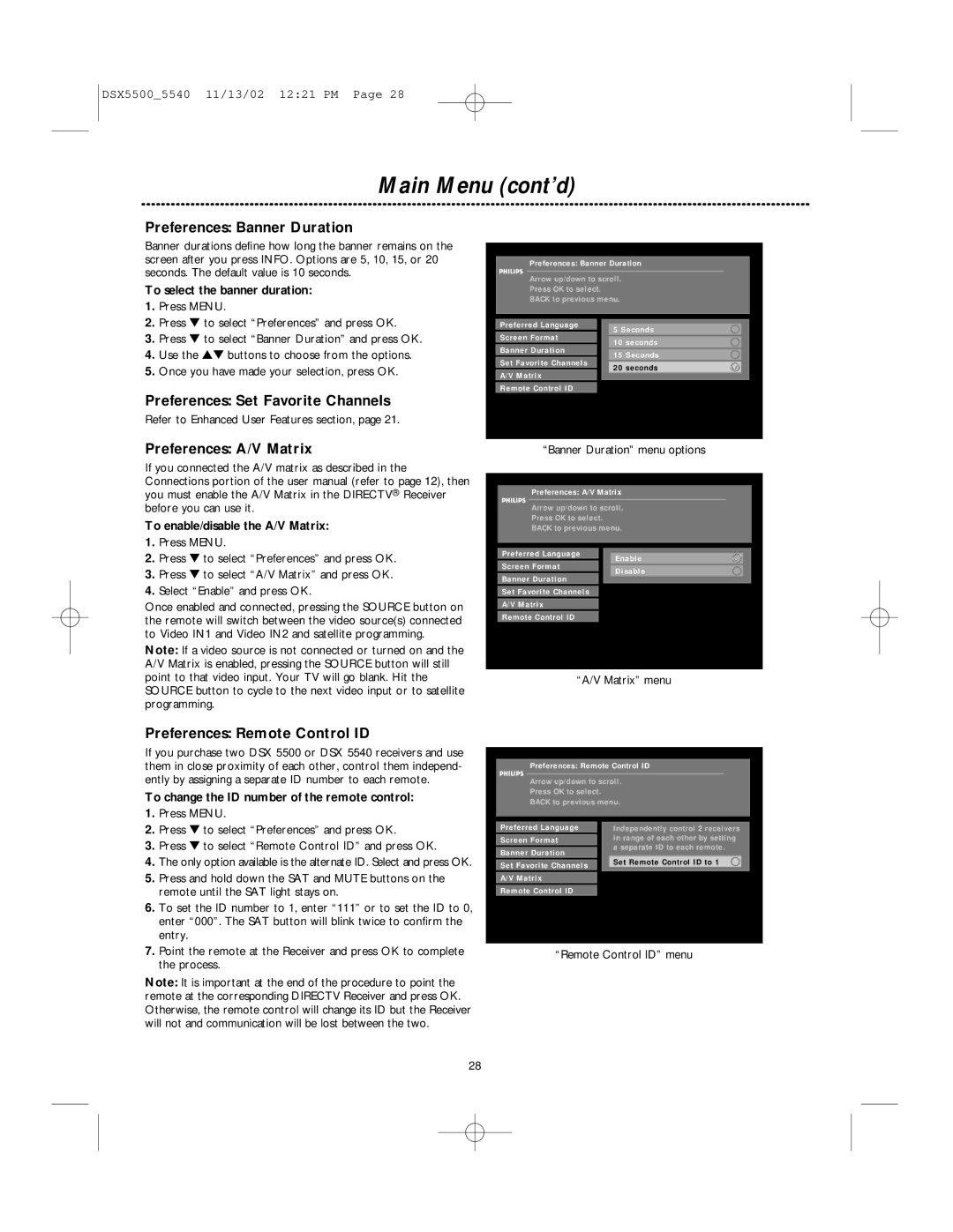 Philips DSX 5540, DSX 5500 Preferences Banner Duration, Preferences Set Favorite Channels, Preferences A/V Matrix 