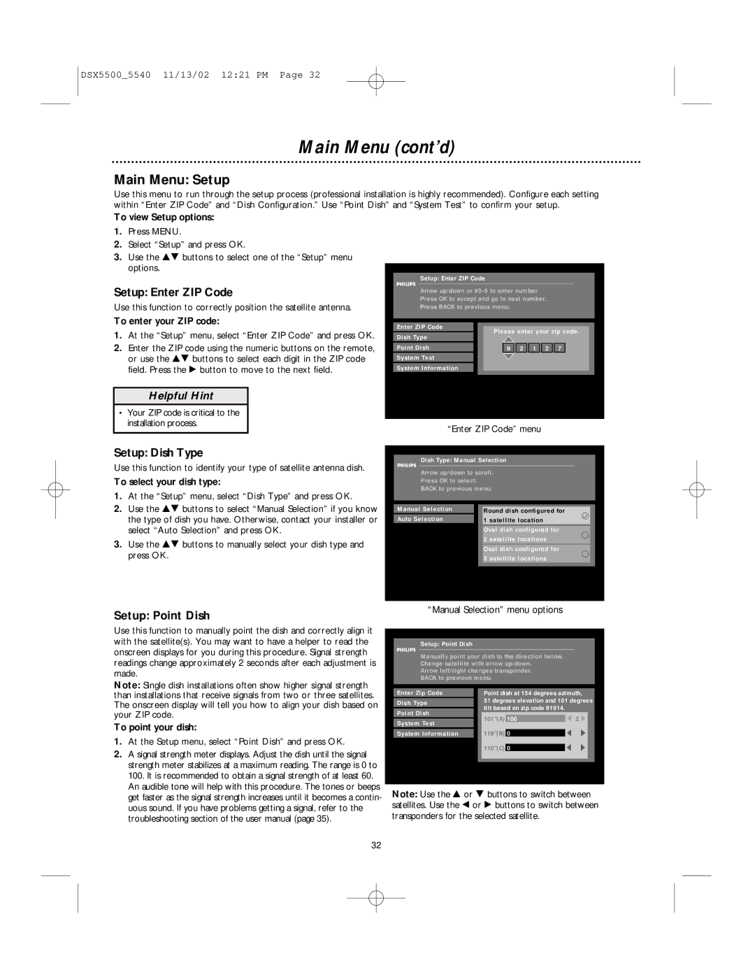 Philips DSX 5540, DSX 5500 user manual Main Menu Setup, Setup Enter ZIP Code, Setup Dish Type, Setup Point Dish 