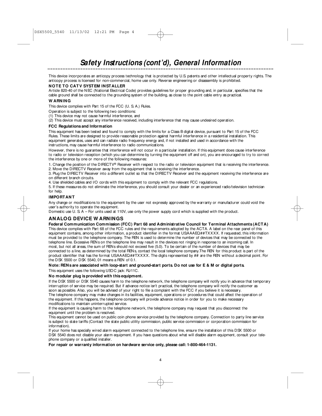 Philips DSX 5540, DSX 5500 user manual Safety Instructions cont’d, General Information, FCC Regulations and Information 