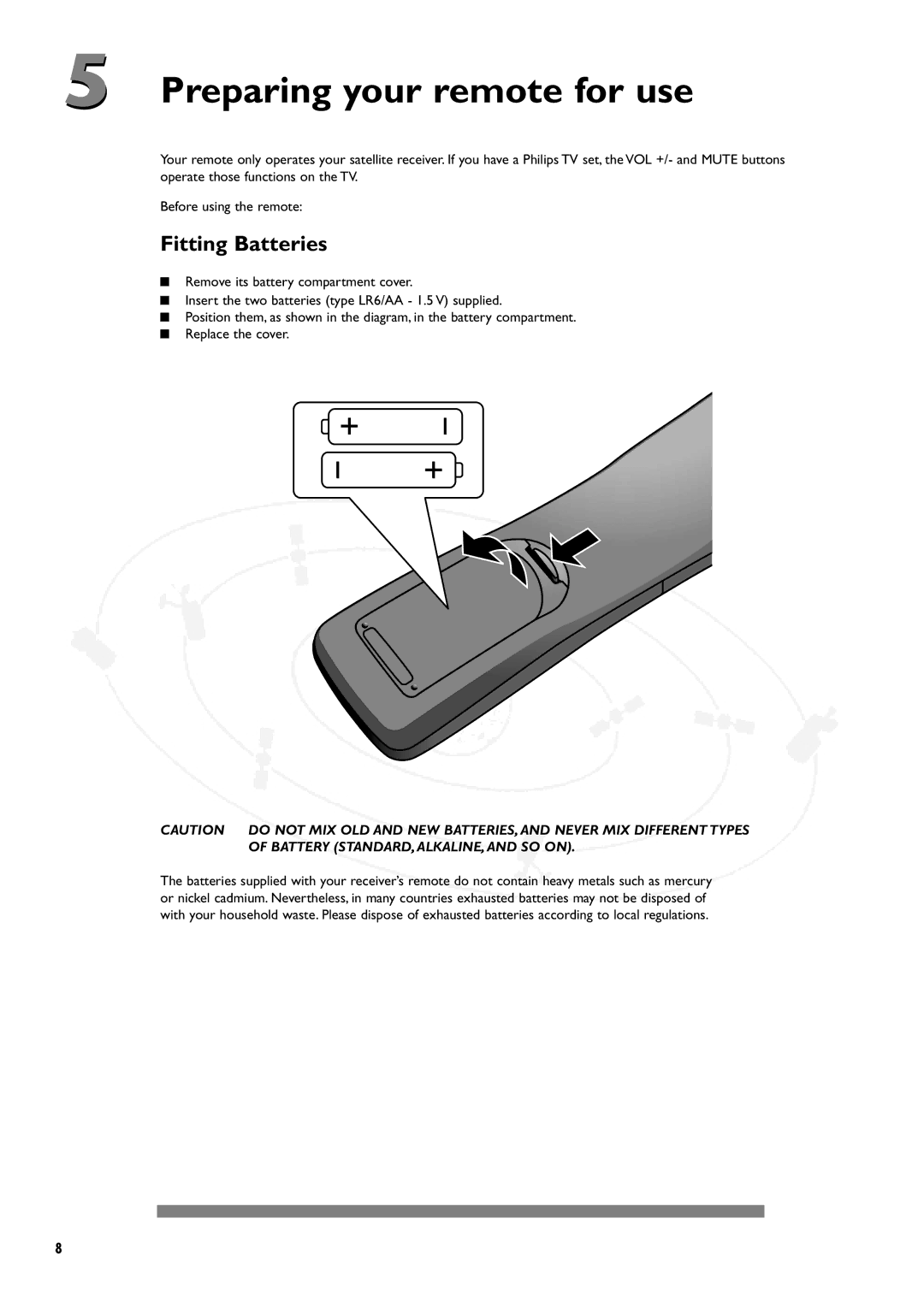 Philips DSX5250 manual Preparing your remote for use, Fitting Batteries 