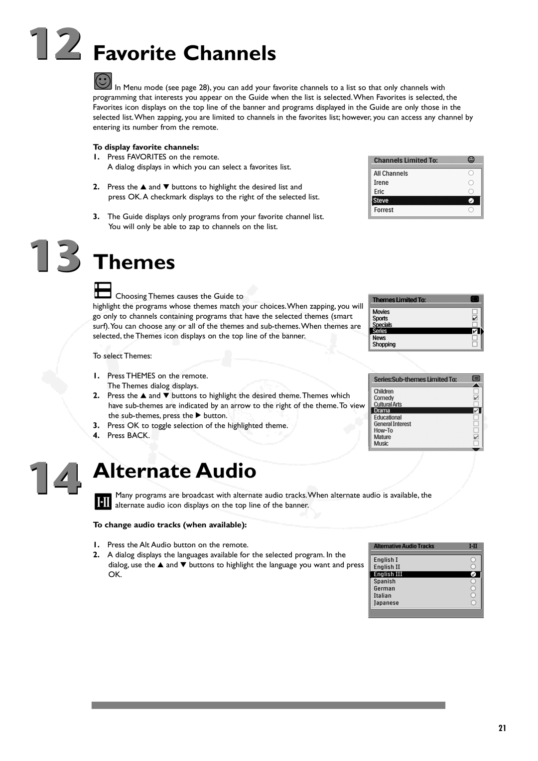 Philips DSX5250 manual Favorite Channels, Themes, Alternate Audio, To display favorite channels 