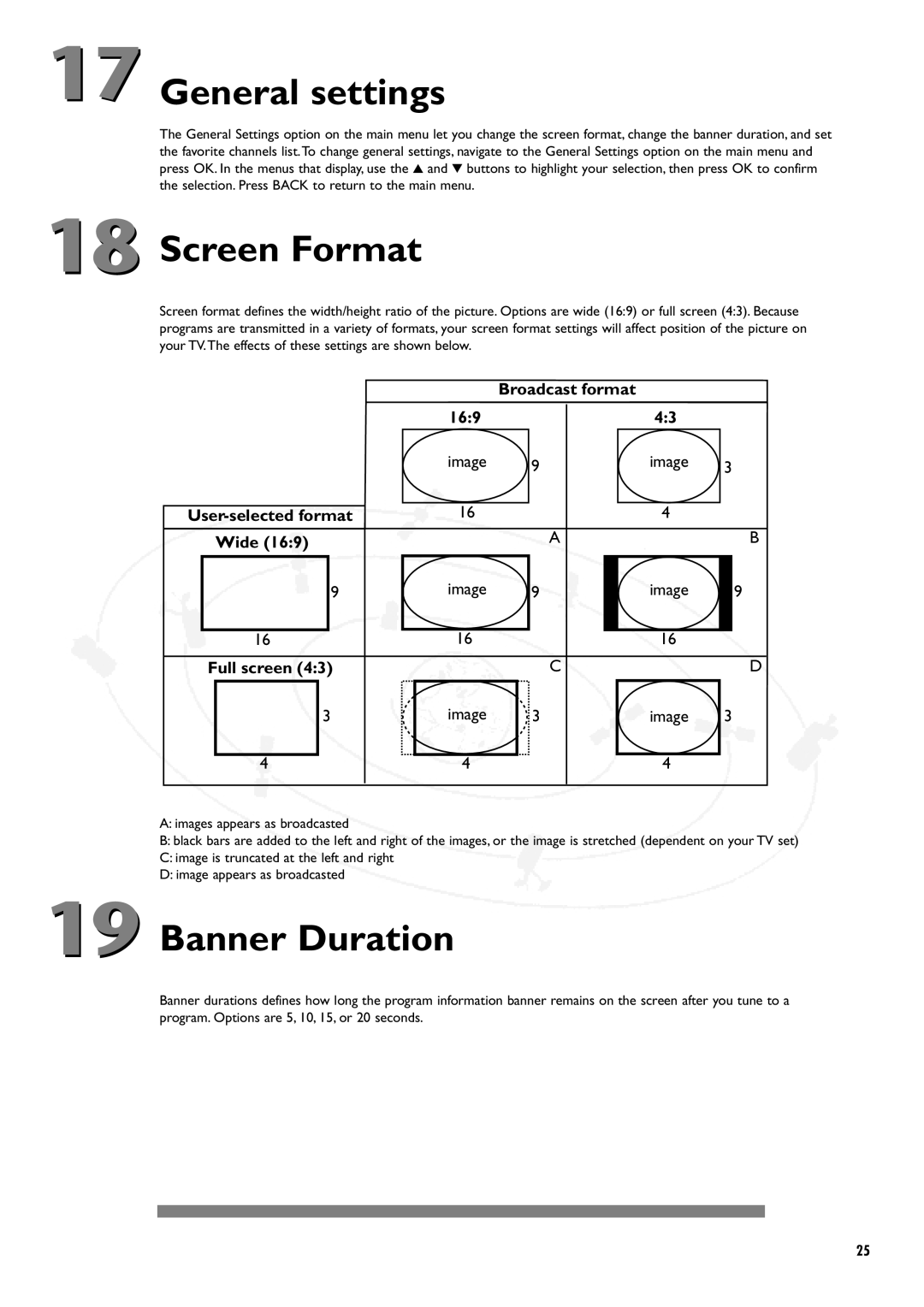 Philips DSX5250 manual General settings, Screen Format, Banner Duration 