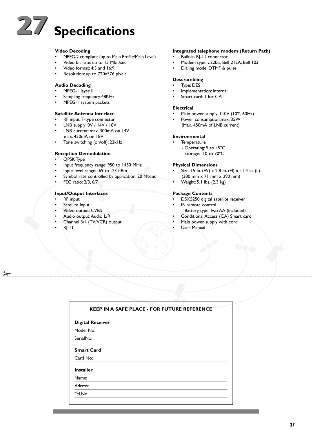 Philips DSX5250 manual Specifications, Keep in a Safe Place for Future Reference 