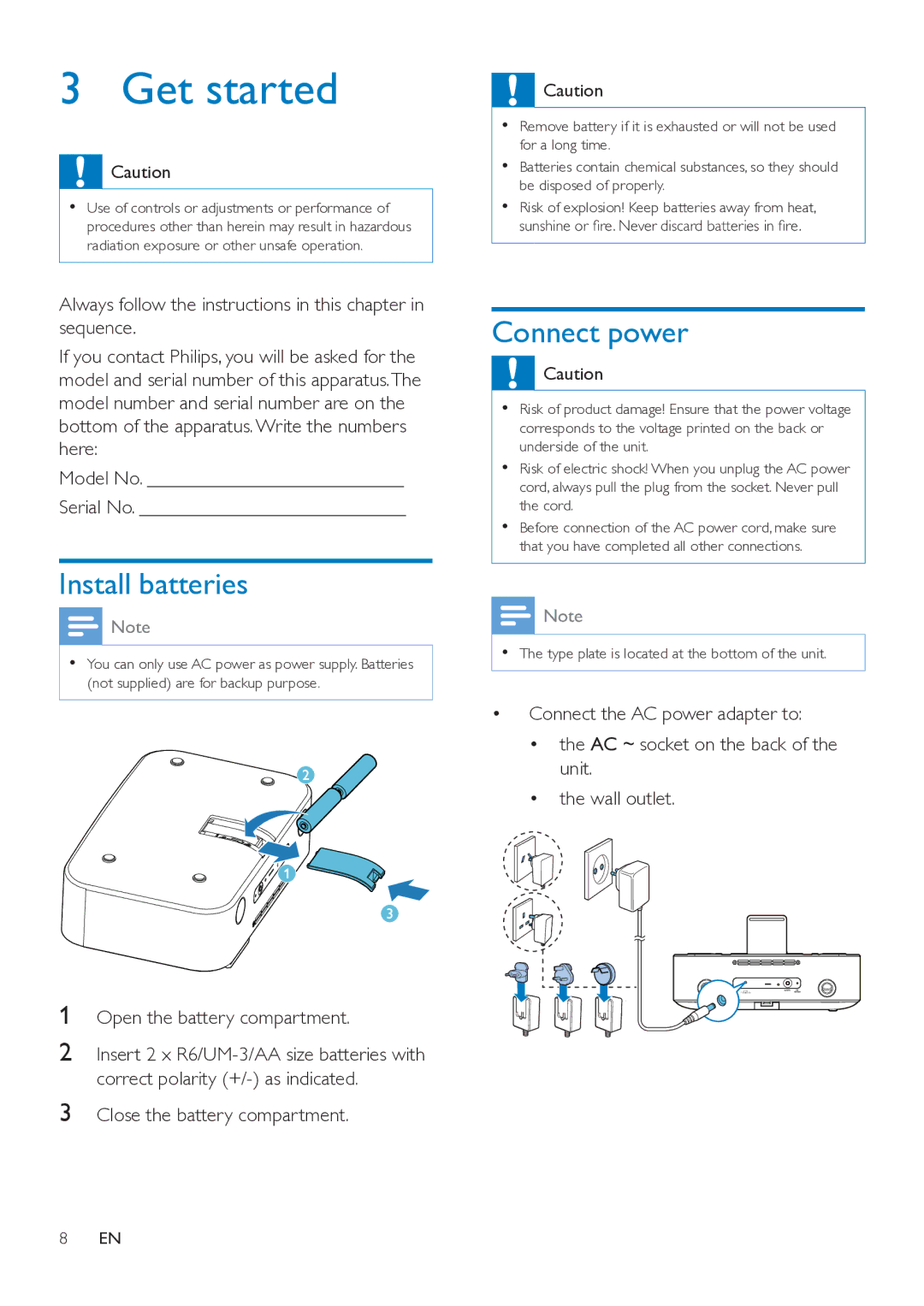 Philips DTB297 user manual Get started, Install batteries, Connect power 