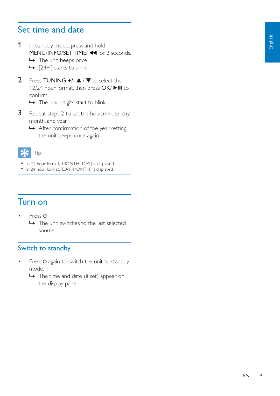 Philips DTB297 user manual Set time and date, Turn on, Switch to standby 