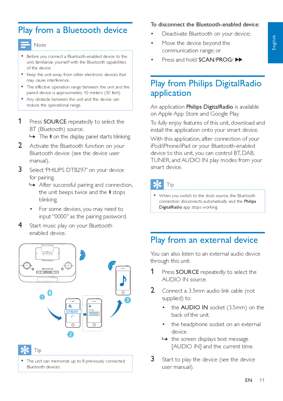 Philips DTB297 Play from a Bluetooth device, Play from Philips DigitalRadio application, Play from an external device 